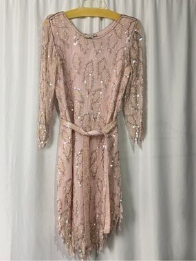Vintage 80s Scala 100% Silk Beaded Sequin Cocktail Dress Blush Pink Sz S